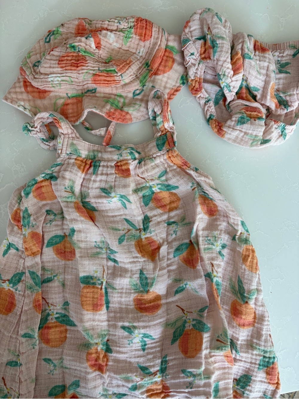 Peach Print Muslin Baby Dress with Hat and Bloomers